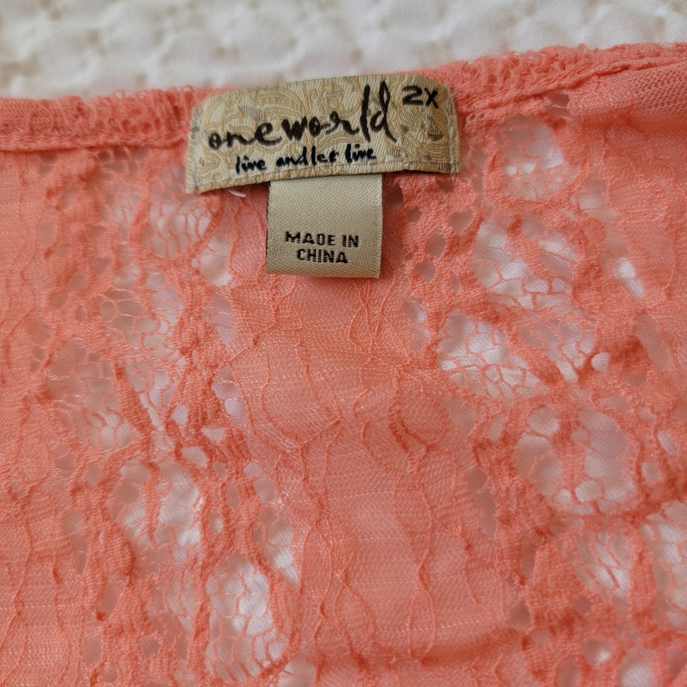 One World Coral Lace Boho Top Sz 2X - Picture 7 of 10